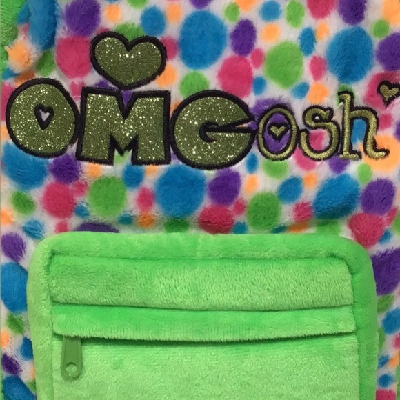 NEW Pack Mates Fuzzy Backpack, Embroidered, Glittery “OMGosh”, Green - Picture 2 of 13